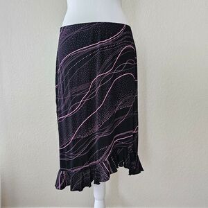 Briggs New York black & pink Y2K whimsigoth midi skirt with an asymmetrical ruff